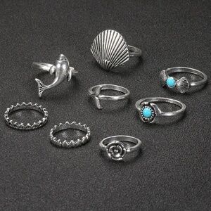 **EDWINA* 7-Pc Silver x Blue Shell Fashion Ring Set